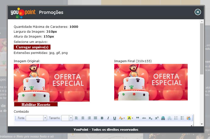 Módulo de Promoções Neste módulo, você pode promover sempre um produto/serviço diferente, com 1 imagem de 310x155 pixels e 1000 caracteres de texto.