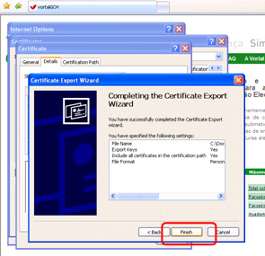 j) Definir o caminho e nome do ficheiro a ser exportado o Certificado.