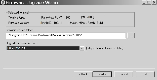 Capítulo 6 Atualizar o firmware 4. Clique em Network Connection (usando o RSLinx Enterprise) e clique em Next. Essa é a única seleção válida para os terminais PanelView Plus 7 Performance. 5.