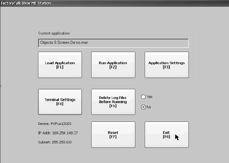 Capítulo 3 Ajustar as configurações do terminal Figura 7 Caixa de diálogo do FactoryTalk View ME Station Tabela 18 Operações do terminal Pressione Load Application (F1) Run Application (F2)