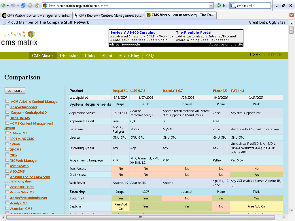 Figura 2.4: Comparação entre ferramentas CMS no website CMS Matrix. Fonte: Matrix (2007).