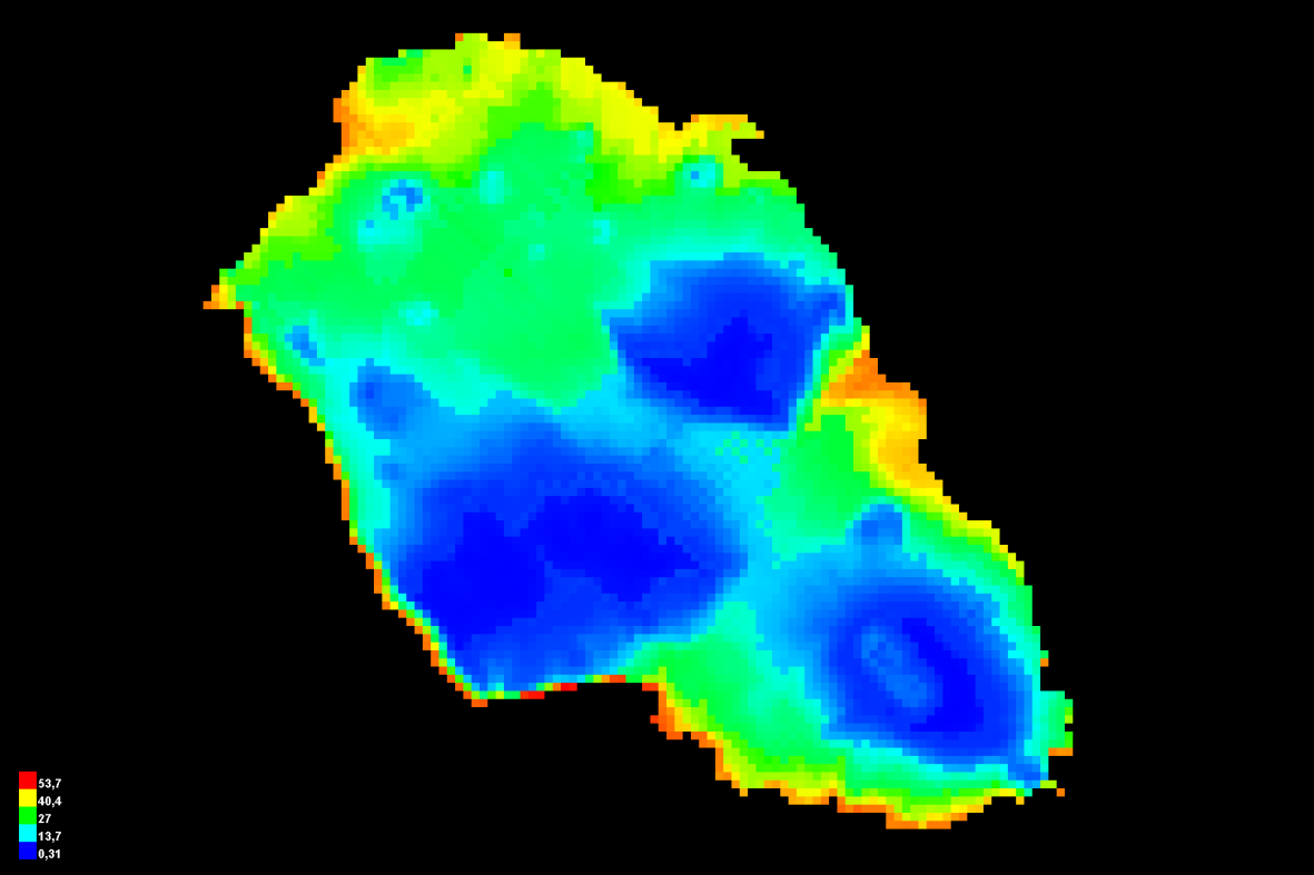 Figura 136 Mapa com as diferentes áreas de probabilidade potencial de Azorina vidalii na ilha Terceira.