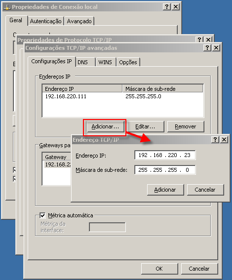 Redirecionamento Mover IP 5. Clique em Adicionar e digite um endereço IP adicional (Arcserve-IP). Na captura de tela abaixo, o endereço IP do Arcserve-IP é 192.168.220.