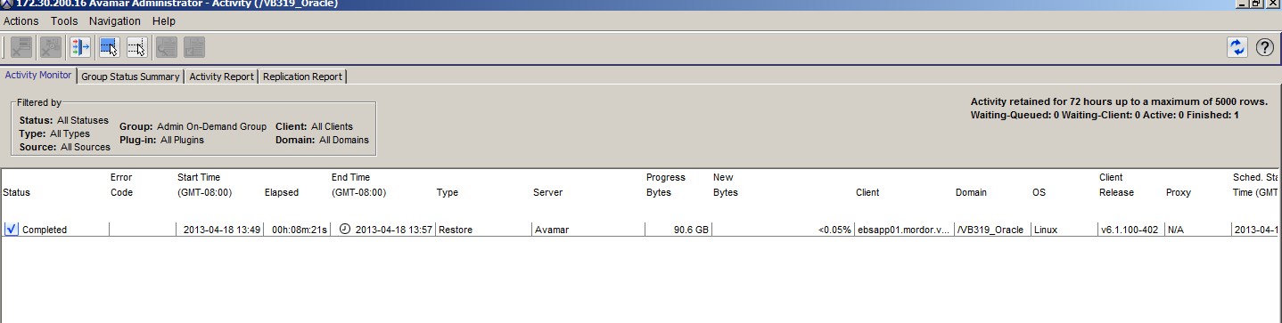 2. O backup estático recente a partir do Avamar para o nível do aplicativo Oracle EBS foi