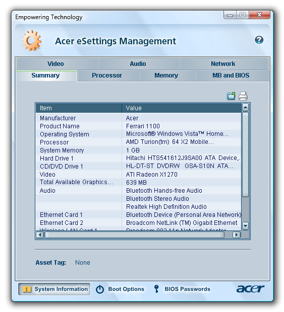 13 Acer esettings Management O Acer esettings Management permite-lhe inspeccionar as especificações do hardware, configurar palavas-passe da BIOS e modificar as opções do arranque.