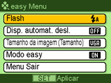 . Uso do menu easy O menu easy contém definições para o flash, disparador automático e tamanho da imagem, além de um item para sair do modo easy.