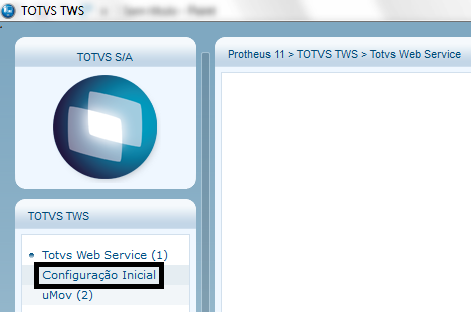 Procedimento de Configuração: 1. No Smartclient, digite TOTVS TWS. 2. Informe o login e senha. 3. Em TOTVS TWS/ Totvs Web Service/ Configuração Inicial. 4.