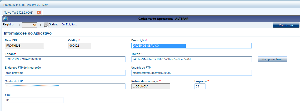 Título do documento 2. Em Cadastro de Aplicativos, clique em Incluir. Descrição: o ambiente umov.me Tenant: totvs09prdvar0020000 (verifique a versão do ambiente).