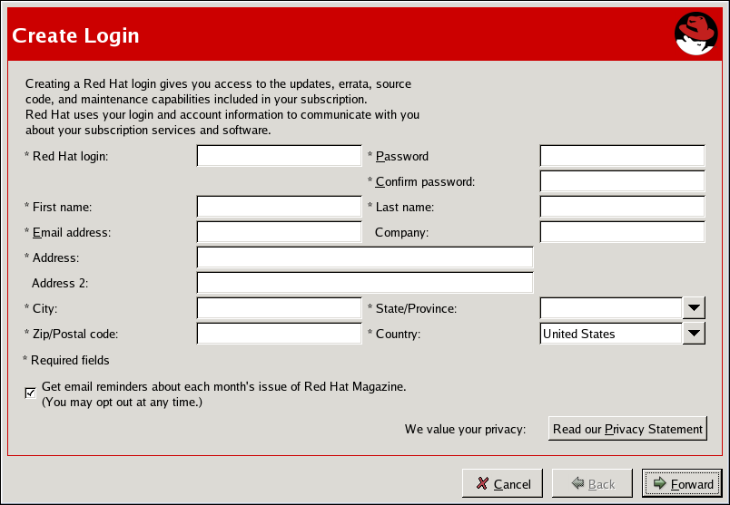 Red Hat Network Satellite 5.4 Guia de Referência Figura 4.4. Red Hat Login Screen Os usuários novos devem selecionar o botão Eu não possuo um login da Red Hat. Preciso criar um.