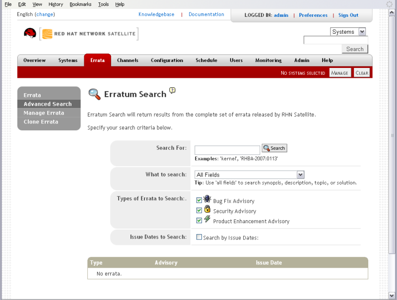 Red Hat Network Satellite 5.4 Guia de Referência Figura 7.16. Busca de Erratas All Fields Errata de busca por sinopse, descrição, tópico ou solução.