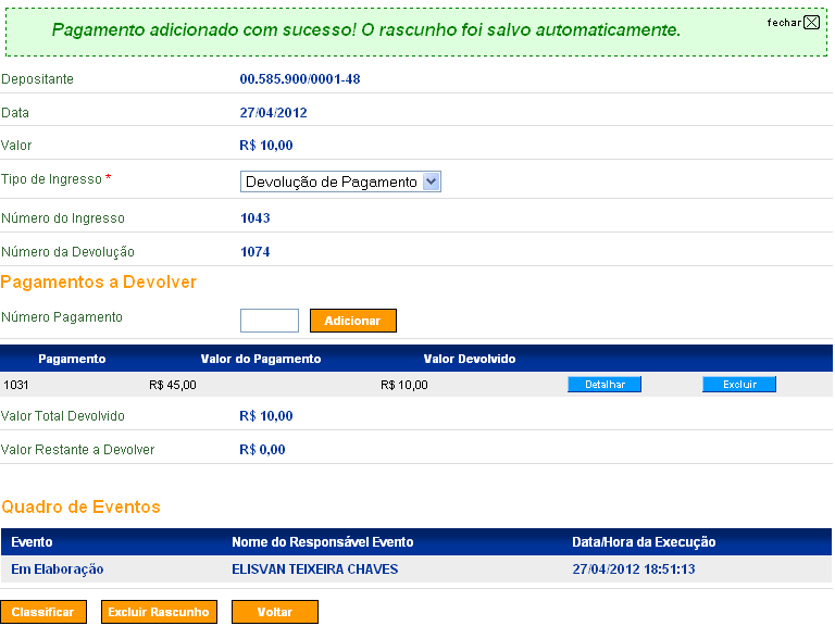 Números de identificação de cada operação realizada