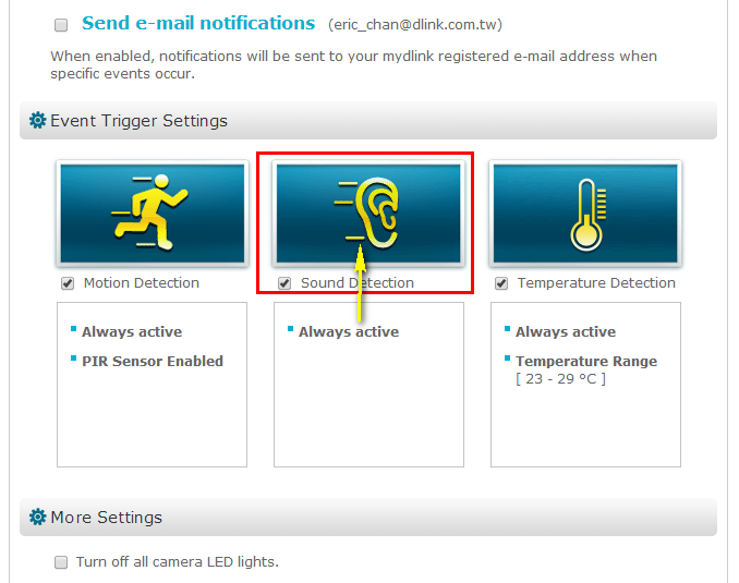 Etapa 4: Certifique-se a caixa de seleção Sound Detection (Detecção de som) esteja marcada e clique no ícone.