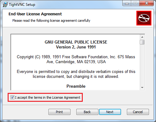 e. Marque a opção I accept the terms in the License