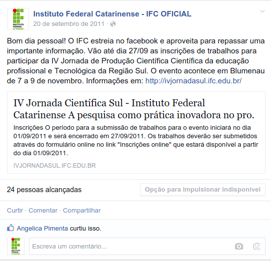 2. Histórico do IFC nas mídias sociais A página oficial do IFC no Facebook, com o endereço www.facebook.com/ifc.