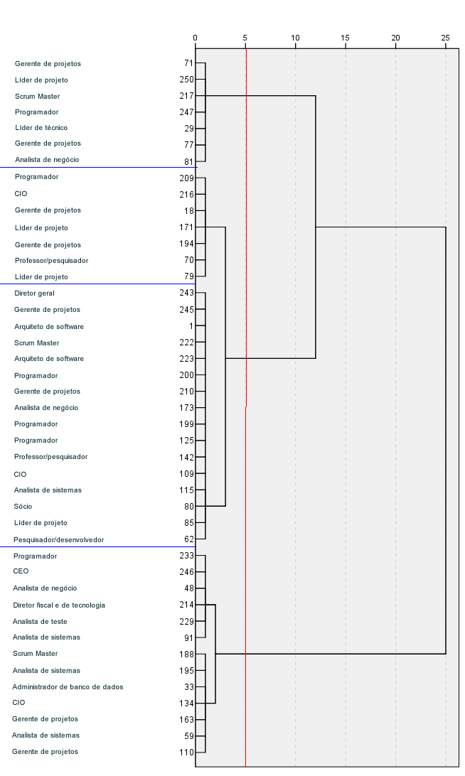 programadores; e o quarto grupo possui indivíduos de cargos de nível administrativo e de gerência, com predominância da percepção dos analistas de sistemas.