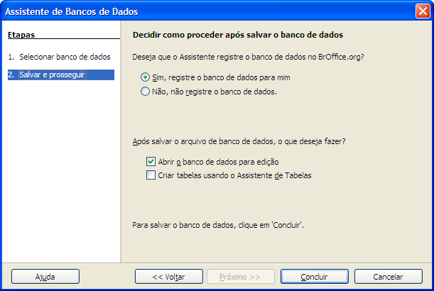 Nós queremos criar um novo documento, então marque <Criar novo banco de dados> e clique sobre [Próximo].