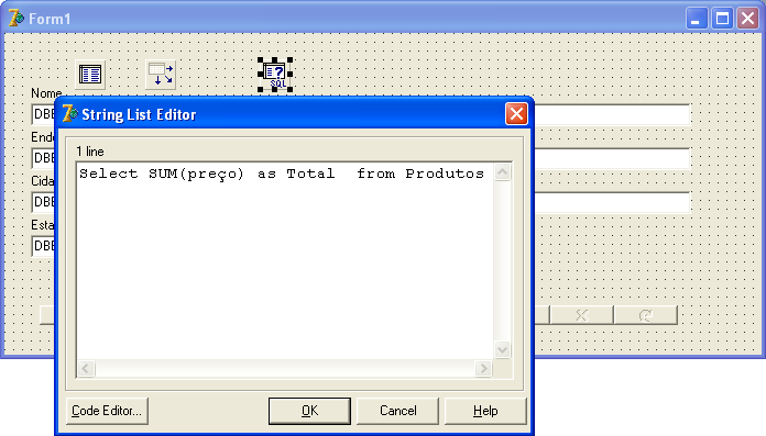 Figura 18 - Sentença SQL numa Query Para tanto, selecione o componente Query clicando uma vez sobre ele e, depois, no Object Inspector, clique na sua propriedade SQL.