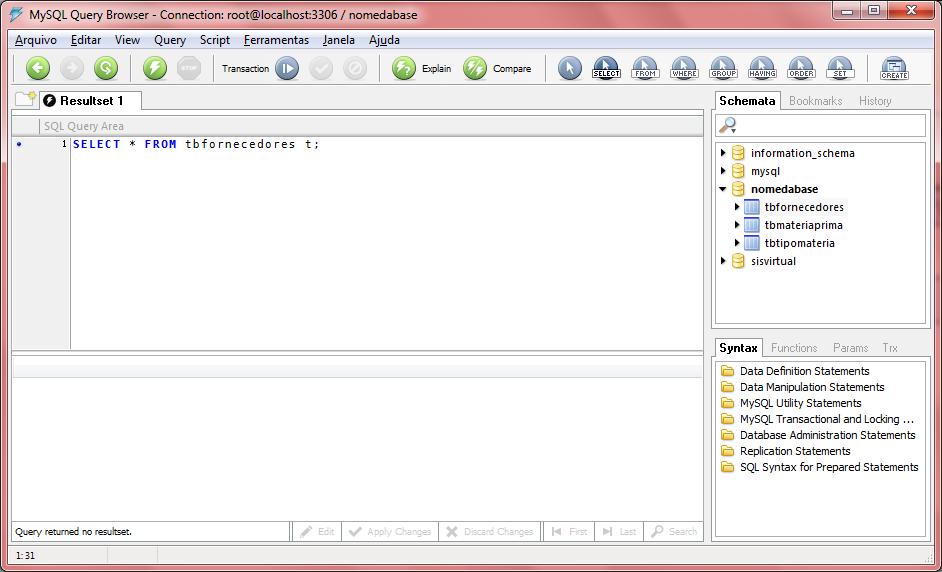 MySQL Query Browser No Query Browser possuímos botões que representam instruções em SQL.