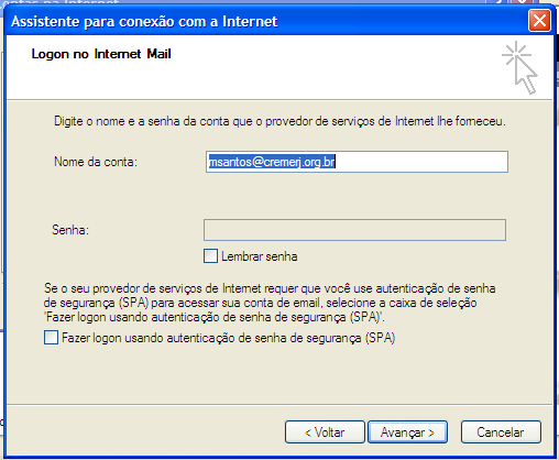 Passo 7 Na janela Logon no Internet Mail preencha o Nome da conta com seu endereço de email e abaixo insira