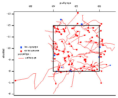 Figura 1. Trajetórias e tipos de nascimento das células convectivas de meso-escala (limiar 210 K, área > 5000 km 2 ) com duração de vida maior que 2 h durante o período 14/01/1999-12/02/1999.