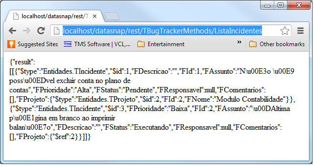 Usando uma ferramenta que formata JSON (o site jsbeautifier.org, por exemplo), podemos visualizar melhor a resposta do servidor: { "result": [ [{ "$type": "Entidades.