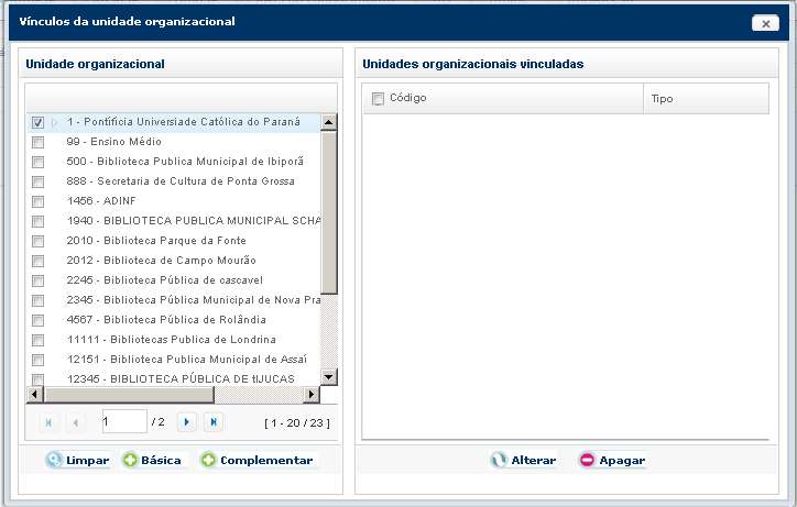 Carrega as Áreas de Conhecimento, visualizando as classes, conforme seus agrupamentos. Figura: Botão área do conhecimento Este botão abre uma tela para vincular as áreas a uma unidade organizacional.