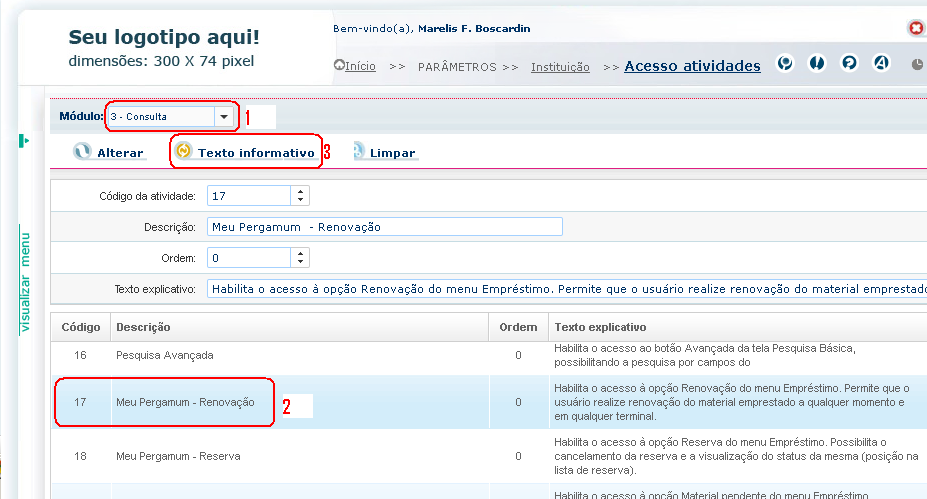 Texto informativo: Mensagem explicativa ou orientações para os usuários, principalmente na tela do Meu Pergamum (Interface do usuário).