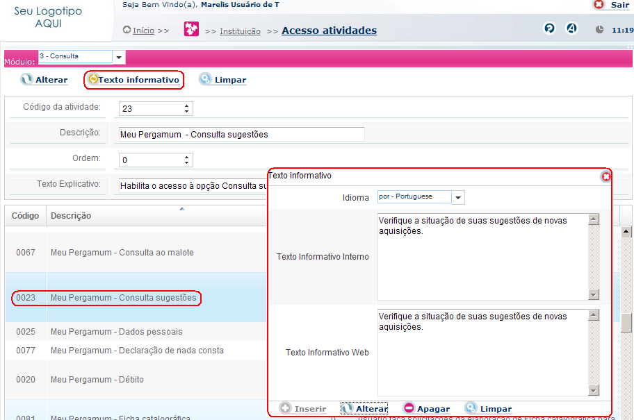 Meu Pergamum Consulta sugestões: A parametrização do texto informativo será visualizada no Meu Pergamum, Falta finalizar Aquisição, portanto não há a tela no Meu Pergamum.