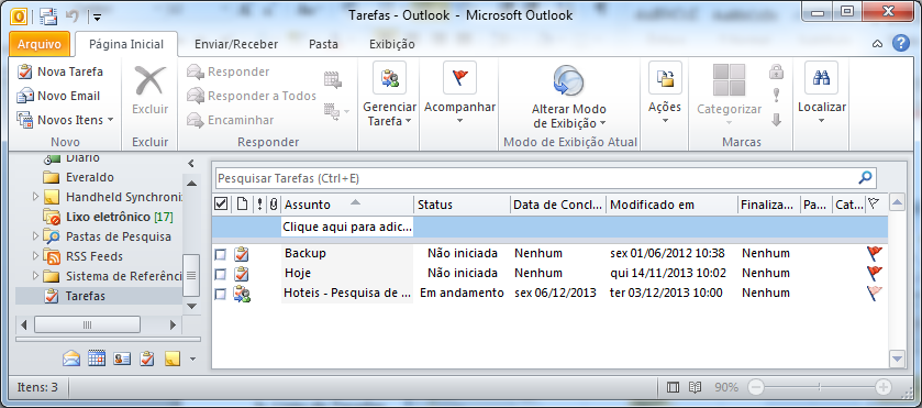 Exibir suas tarefas As tarefas são exibidas em três locais no Outlook: - No Calendário: a.