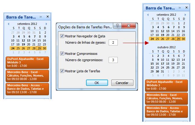 DICA Neste quadro você pode desmarcar as caixas de seleção para qualquer parte da Barra de Tarefas Pendentes que não desejar exibir.