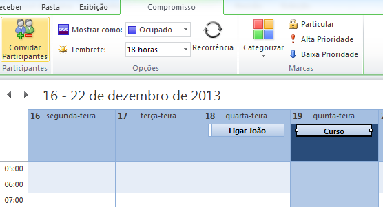 Calendário Os três tipos de entrada do calendário Compromisso: atividade que envolve apenas você. O dia inteiro: atividade válida para o dia todo.