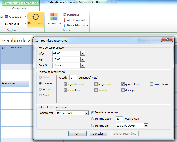 Compromissos recorrentes Muitos compromissos acontecem com uma frequência regular. É fácil definir uma recorrência no Outlook.