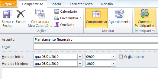 Reuniões. No item Calendário, clique no dia e horário desejado para a reunião, digite o assunto a ser tratado e pressione Enter. Por enquanto, marcamos apenas um compromisso.