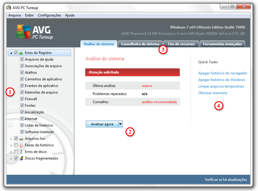 5. Janela principal Para iniciar o programa, clique duas vezes no ícone do AVG PC Tuneup na área de trabalho.