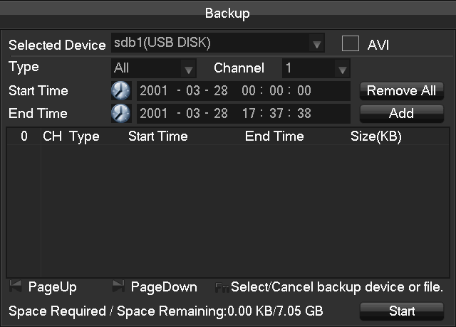 32 Back: Selecione a hora de início/fim da gravação e prima Add para adicionar à lista; duplique-a voltando a inserir a hora de início/fim da gravação; prima Delete para apagar a lista dos ficheiros.