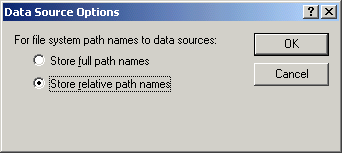 b) Clicaremos no botão Data Source Opitions... será exibida uma caixa onde escolheremos a opção Store relative path names.