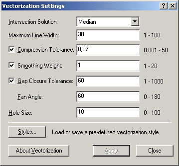 modificá-la de acordo com a necessidade. Partindo para a barra de ferramentas Arc Scan, clique em Vetorization\Vetorization Settings... abrir-se-á uma janela, onde basearemos a nossa setagem.