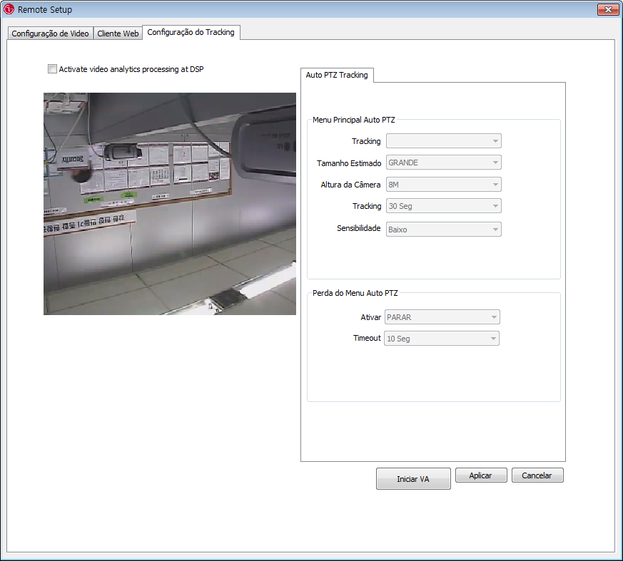 Funcionamento e configurações 45 Configuração do Tracking (Opção) Ativar Video analítico pelo DSP da Câmera Marque a caixa para habilitar a análise de vídeo.