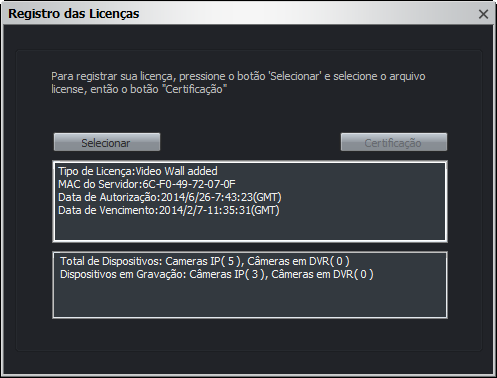 50 Funcionamento e configurações Gestão da licença Registo da licença 1. Clique no ícone [Licença] do menu Overview. Será exibida a janela Registo da licença. 2. Clique no botão [Selecionar]. 3.