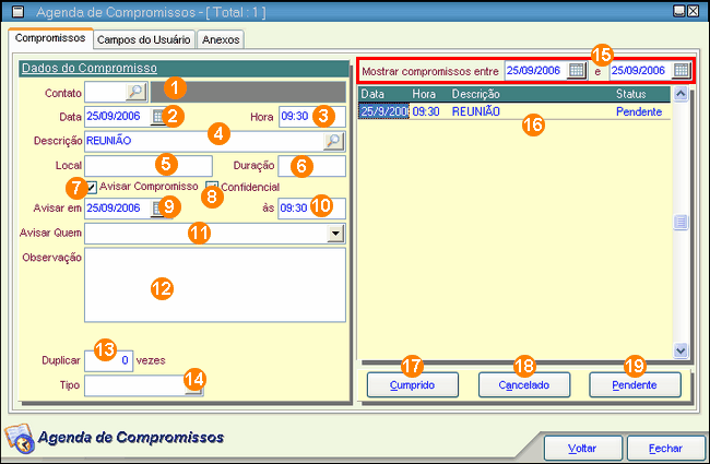 Menus 132 1. Contato: se o seu compromisso estiver relacionado com algum dos seus Contatos, basta informar o código do mesmo aqui, ou clicar no botão de pesquisa para localizá-lo. 2.