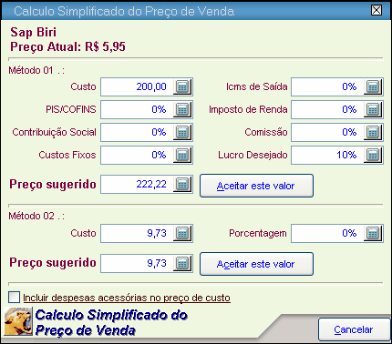 Menus 142 Você pode escolher dois métodos diferentes. O primeiro é um método usado pelo SEBRAE, você deve usá-lo se possuir os valores para todos os campos.