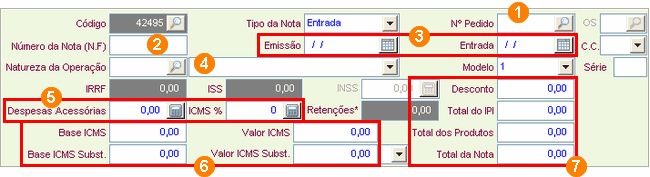 143 1. Pedido: se a entrada que está sendo cadastrada for derivada de um pedido, informe o código ou use o botão de pesquisa para localizar o Pedido ao Fornecedor que foi cadastrado anteriormente.