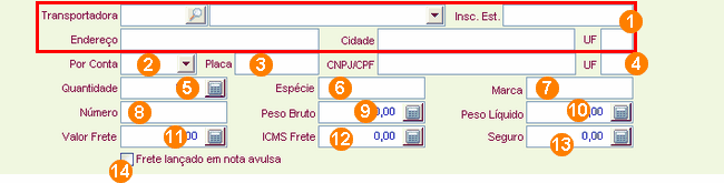 167 10.11.4.2 Transportadora A guia Transportadora da tela de Movimentação de Estoque, é a mesma para entradas e saídas. Acessando, você encontra o seguinte: 1.