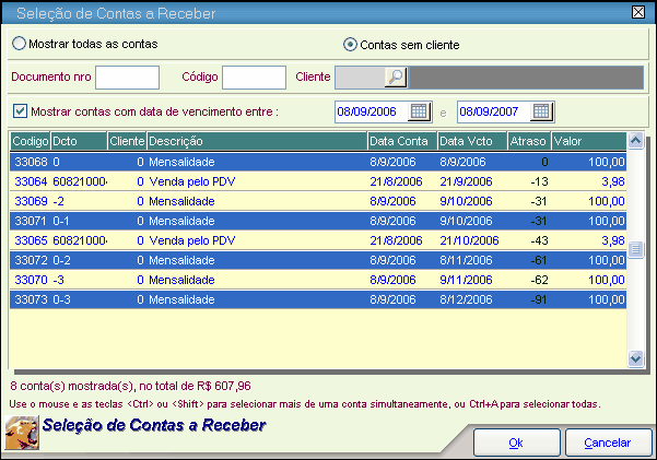 195 A tela de seleção é a mesma do Recebimento de Contas, você possui os mesmos recursos. Você pode selecionar apenas uma conta ou várias.