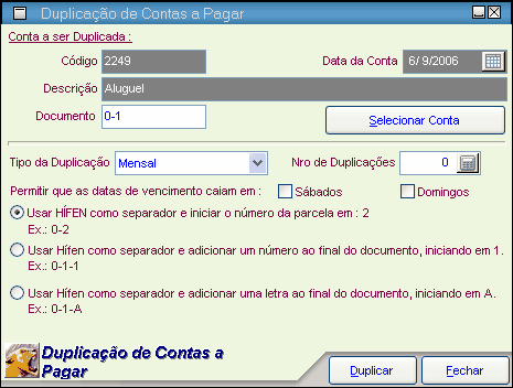 Menus 226 Nessa parte da janela você pode escolher o formato do campo Documento das contas duplicadas.