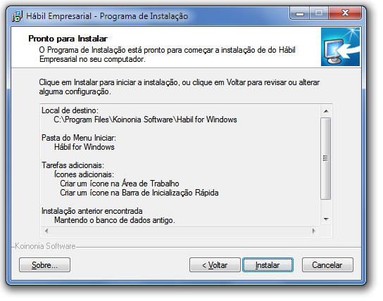Introdução ao Hábil Empresarial 16 Por último, ele mostrará um resumo de todas as operações que fará. Clique em Ins ta la r para iniciar o processo de instalação e aguarde.