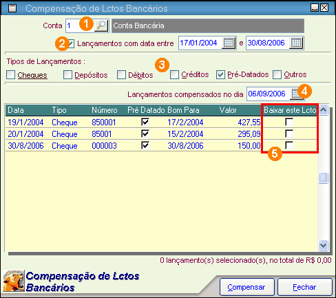 Menus 284 Nessa tela você encontra os seguintes campos: 1. Conta: digite o código ou use o botão de pesquisa para localizar a conta bancária que terá os lançamentos compensados. 2. Lançamentos com data entre: se desejar, marque essa opção e preencha os campos de data inicial e final.