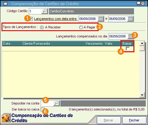 291 No campo Código Cartão, informe o código ou use o botão de pesquisa para localizar o cartão/ convênio que você deseja compensar os lançamentos. 1.