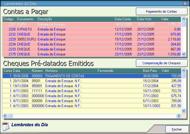 Menus 382 Na parte superior da tela aparecerão as contas a pagar vencidas ou que vencem no dia atual.