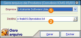 Menus 400 1. Empresa: nesse campo, selecione a empresa que terá os produtos exportados para o arquivo texto. 2. Destino: selecione a pasta onde o Hábil Empresarial irá salvar o arquivo.